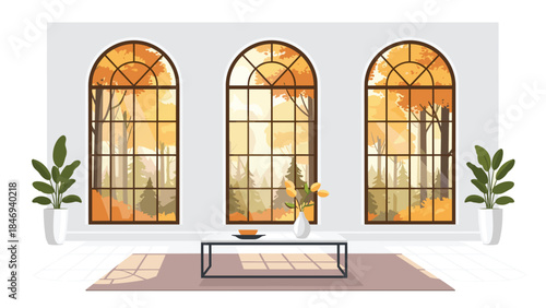 Bright interior with large arched windows showcasing a vibrant autumn forest scene, creating a cozy and inviting atmosphere.