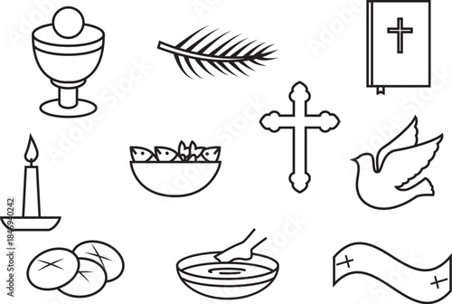 Religious symbols representing faith and spirituality including chalice, candle, bread, palm branch, fish, basin, cross, dove, banner and bible