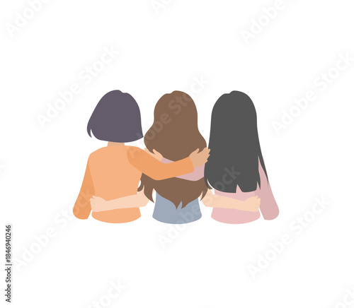 A rear view of three women standing together with their arms around each other's waists and shoulders. Soft flat art symbol for female friendship, sisterhood, emotional support, women's empowerment, 