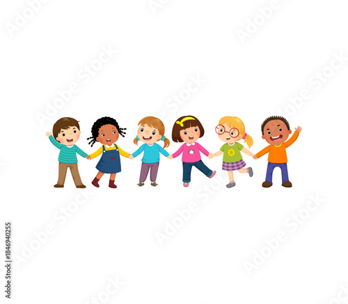 A long row of six multi-ethnic boys and girls smiling and standing together in unity. Vibrant flat art symbol for international friendship, school inclusion, racial harmony, childhood joy, and a peace