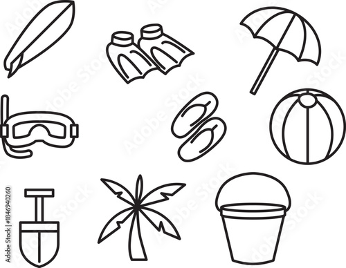 Collection of cartoon beach and summer vacation icons, perfect for travel, leisure, and outdoor activities, showcasing fun and relaxation
