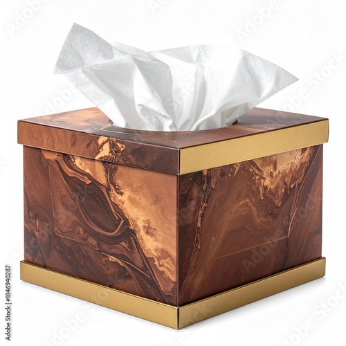 Brown marbled tissue box with gold trim, white tissues emerging