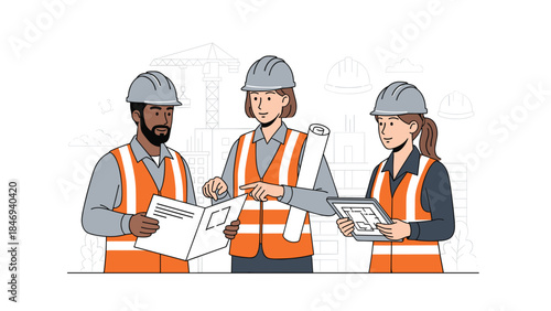 Construction team collaborates on blueprints and digital plans at a building site, ensuring project accuracy and efficient workflow.