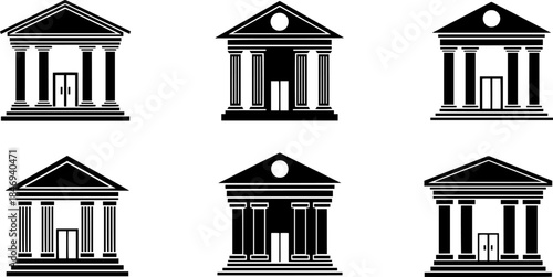 set of Silhouette of six different architectural building facades with columns and triangular roofs