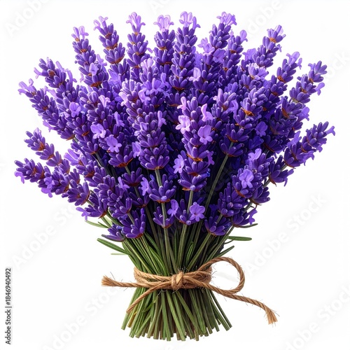 A lush, vibrant bouquet of purple lavender tied with twine