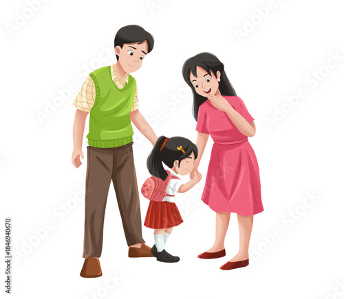 A mother and father standing proudly as their young daughter in a school uniform prepares for her first day. Warm, colorful illustration symbolizing parental support, educational milestones, childhood