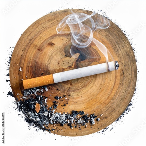 Burning cigarette on a wooden surface, with wisps of smoke and ashes