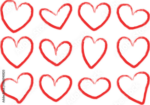Red hearts with brush stroke effect on transparent background for valentine