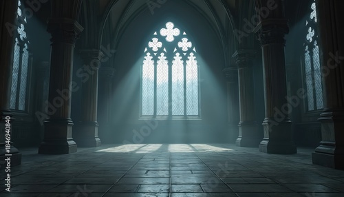 Wallpaper Mural Sunlight streams through ornate Gothic window illuminating grand hall with stone floor and large pillars. Mysterious medieval interior with dramatic shadows. Torontodigital.ca