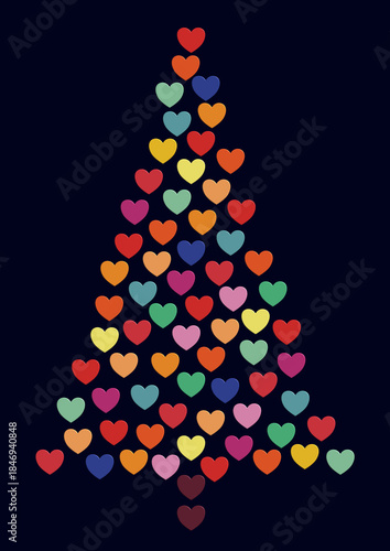 sapin formé de cœurs multicolores en relief 