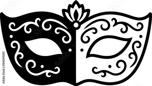 Black and white Venetian carnival mask with ornate scrollwork. Party masquerade or Mardi Gras celebration. Simple flat vector illustration