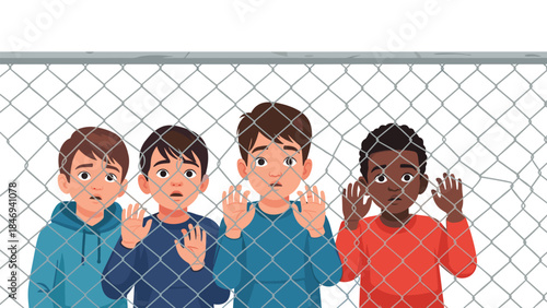 Four young boys look with concern through a chain link fence, expressing feelings of confinement and uncertainty.