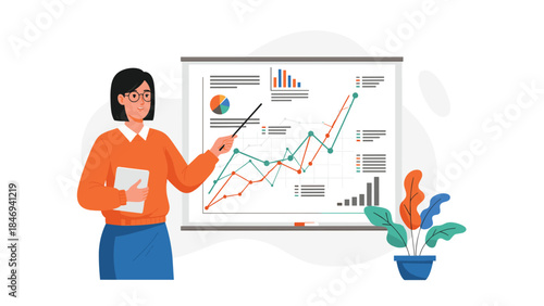 Businesswoman presenting data analysis with charts and graphs on a whiteboard during a professional meeting.
