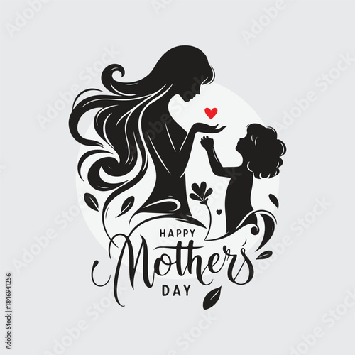 silhouette of a mother holding her child’s hand with hand-lettered ‘Happy Mother’s Day’ text