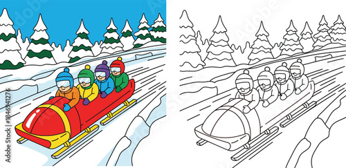 Vector illustration of bobsleigh team riding red sled in winter sport with coloring book page outline. Four athletes sliding on snow track with pine trees for educational activity