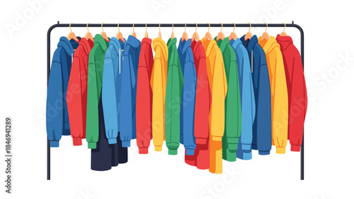 Colorful hoodies and jackets hang neatly on a clothing rack, showcasing a vibrant assortment of outerwear options for various styles.