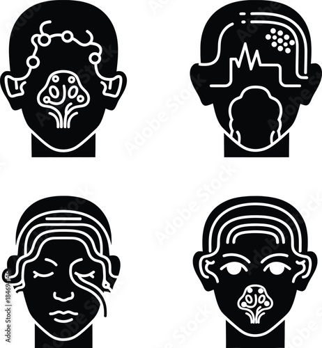 Abstract human head profile icons with brain neural network connections and digital mental health concept symbols representing psychological analysis and neurology.