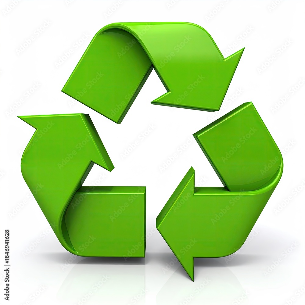 Obraz premium Bright green three-arrow loop symbol, indicating a reuse process