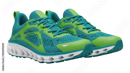 Pair of green and turquoise running shoes isolated PNG, athletic footwear for jogging and fitness on transparent background