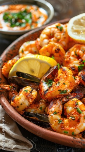 Grilled seafood tapas served with lemon and herbs in a casual dining setting
