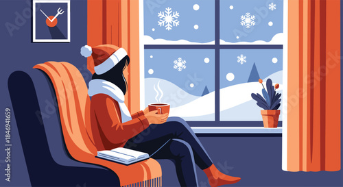 Cozy winter living room scene captures a person wearing a Santa hat relaxing in a chair by the window with a warm drink and a book while snow falls outside.