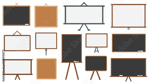 Collection of various classroom boards and presentation screens for educational settings and learning environments.