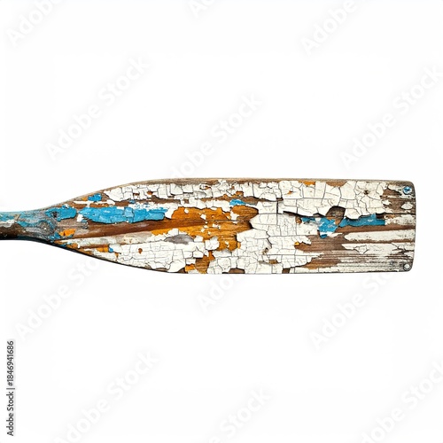 Close-up of a weathered, colorful oar, showing paint flaking