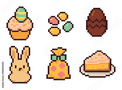 Pixel art easter treats: bunny, cupcake, eggs, chocolate, cake