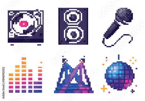 Retro pixel party icons: turntable, speakers, microphone, equalizer, stage lights, disco ball
