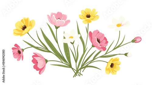 Delicate wildflower bouquet featuring pink, yellow, and white blossoms with slender green stems creates a cheerful spring arrangement.