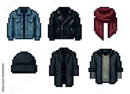 Pixel art clothing collection: jackets, scarf, beanie