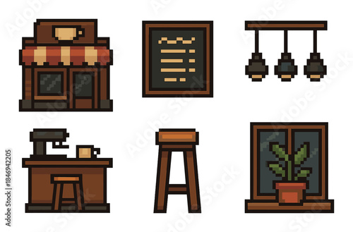 Pixel art coffee shop elements with menu, seating, and decor