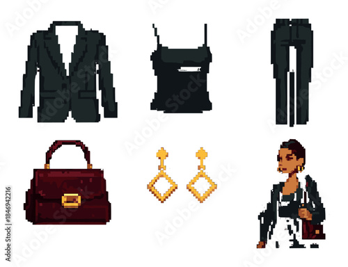 Elegant pixel art fashion outfit with accessories for young adults