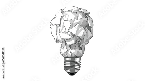 A crumpled paper lightbulb represents failed ideas, creative block, or the frustration of a concept that won't quite work.
