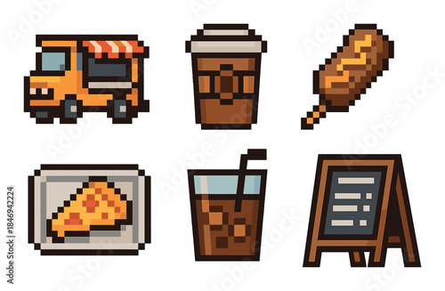 Retro pixel art of food truck with coffee, corn dog, pizza, and soda
