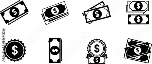 set of Silhouette of various dollar bill and coin icons in black vector desing
