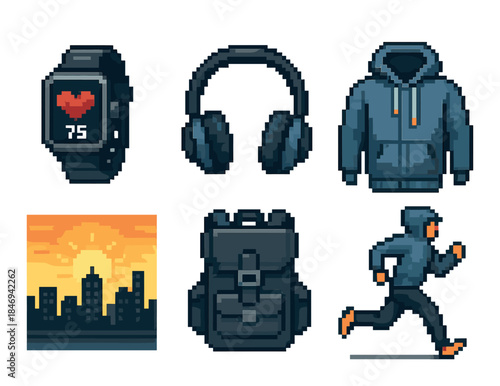 Pixel art fitness illustration with watch, headphones, hoodie, cityscape, backpack, runner