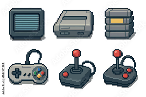Retro gaming equipment: vintage tv, console, cartridge holder, controllers, joysticks pixel art