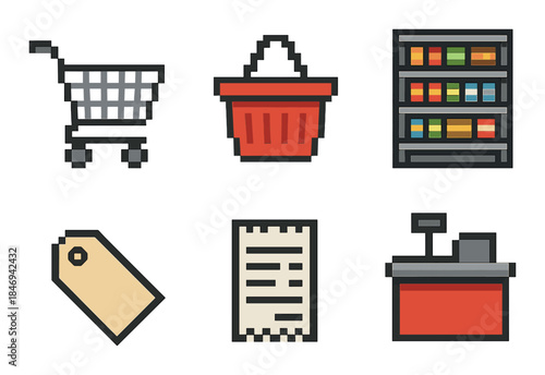 Pixel art shopping icons: cart, basket, shelf, tag, receipt, register