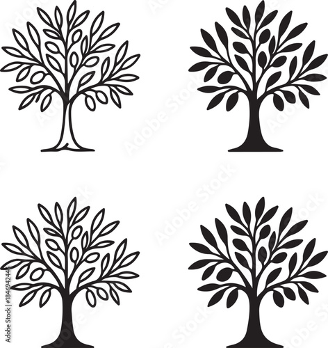 Isolated Olive Tree Icon Set, Olive Branch Tree Silhouette Icon Collection, Mediterranean Olive Tree Botanical Icon, Black Minimal Nature Tree Icon, Solid And Outline Vector Design For Orchard