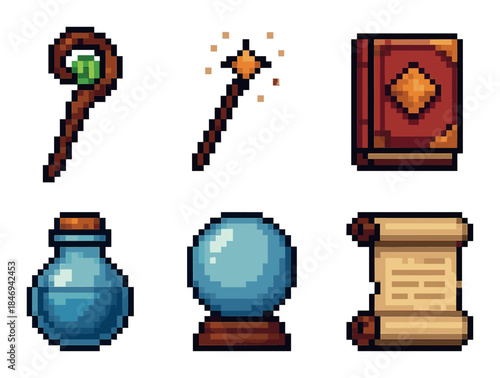 Pixel art fantasy items collection: wand, staff, book, potion, crystal ball, scroll