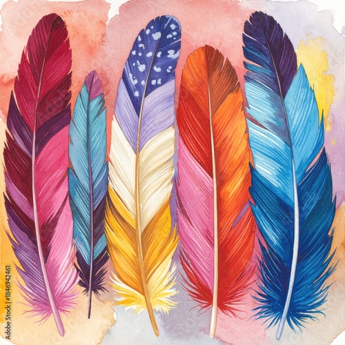Watercolor painted, vibrant, stylized feathers against a colorful wash