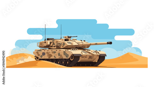 Modern battle tank traverses a desert landscape under a bright blue sky, showcasing military power and technological advancement.