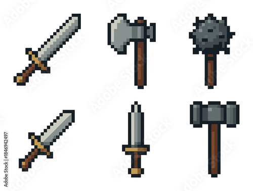 Pixel art weapons collection: sword, axe, mace, dagger, hammer
