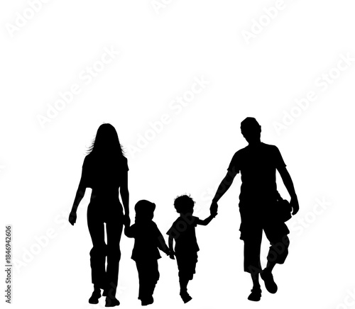 Father, mother, and two children holding hands while walking together. Minimalist symbol for family outings, parenthood, togetherness, and childhood memories.