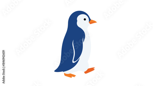 Adorable penguin with a dark blue back and white belly is cheerfully waddling forward on its orange feet.