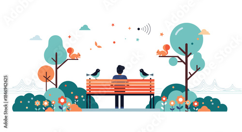 Person sits alone on a park bench surrounded by trees birds and flowers in a landscape with a calm waterfront backdrop and a breeze rustles leaves nearby.