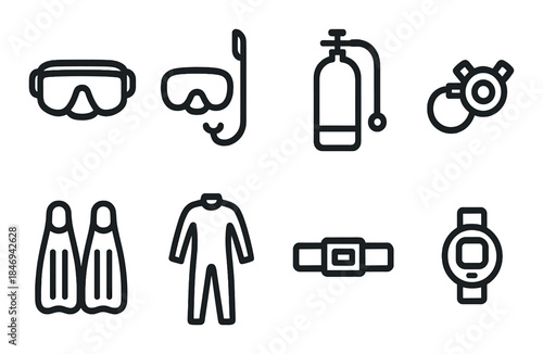 Scuba diving gear icons set: masks, snorkel, tank, fins, and more