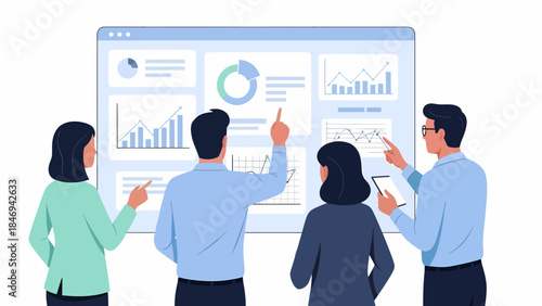 Business team analyzing data and reports on a large screen in a modern office setting