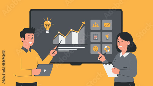 Business professionals collaborating on a presentation with charts and icons displayed on a large screen